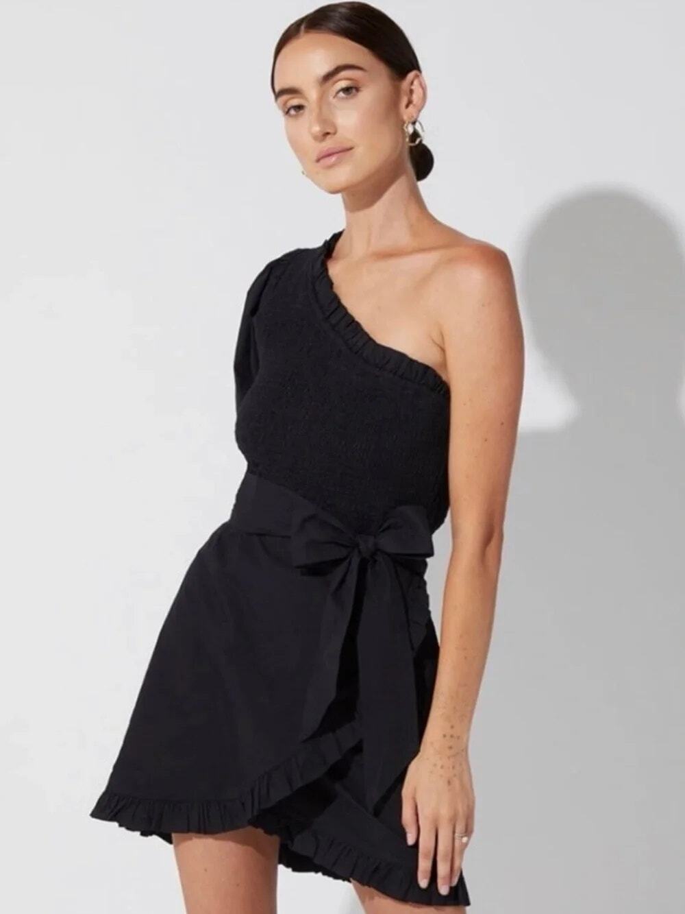 NWT Cleobella Cassidy Mini Dress One Shoulder Smocked Belted SZ MED $215 NEW LBD